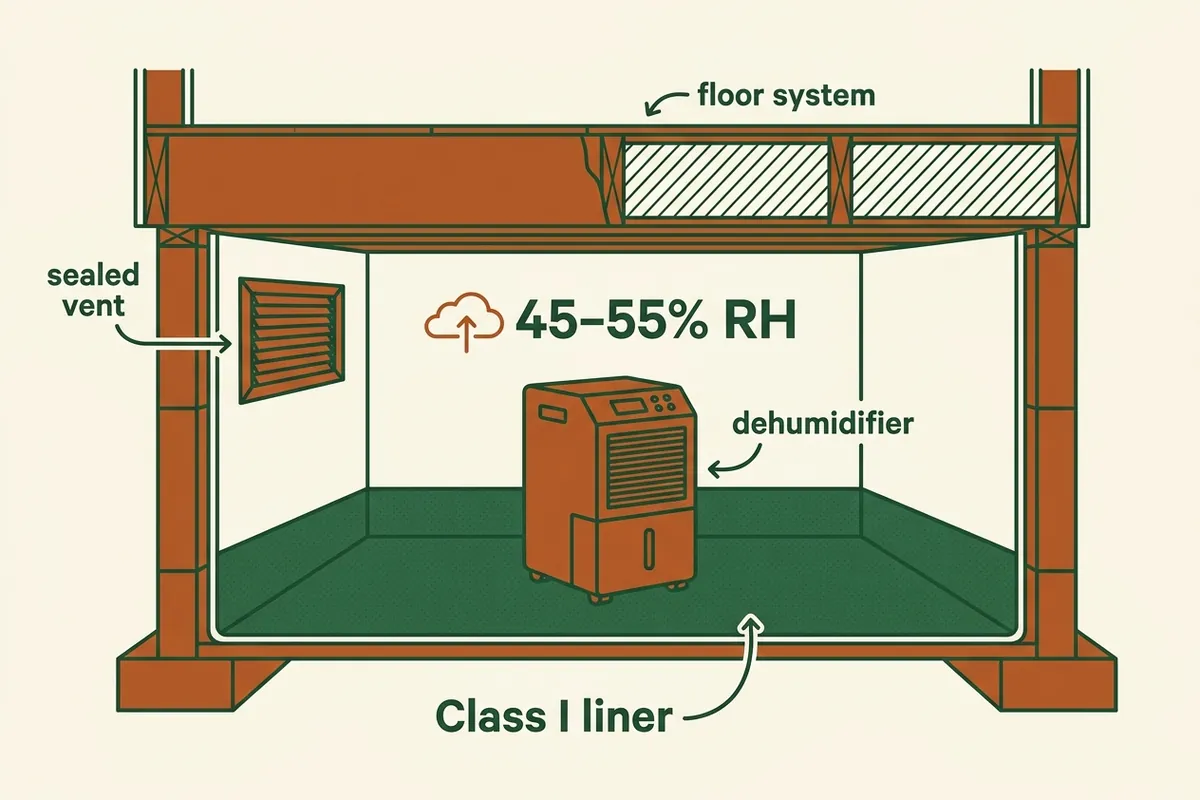 Diagram: moisture evaporating from bare clay and rising into the house by stack effect